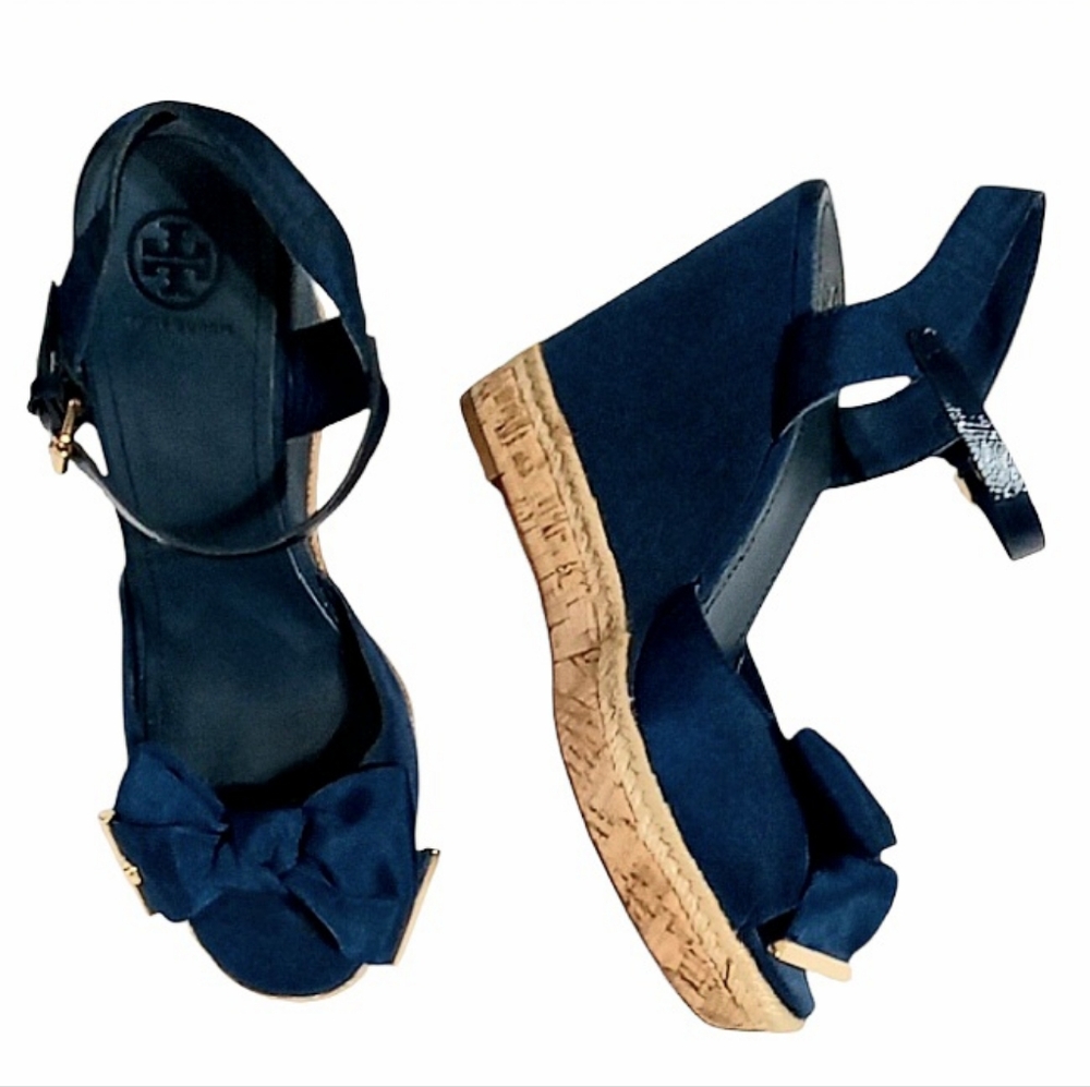 Tory Burch Penny Cork Wedge Sandals in Newport Navy Sz 10 - Picture 3 of 14